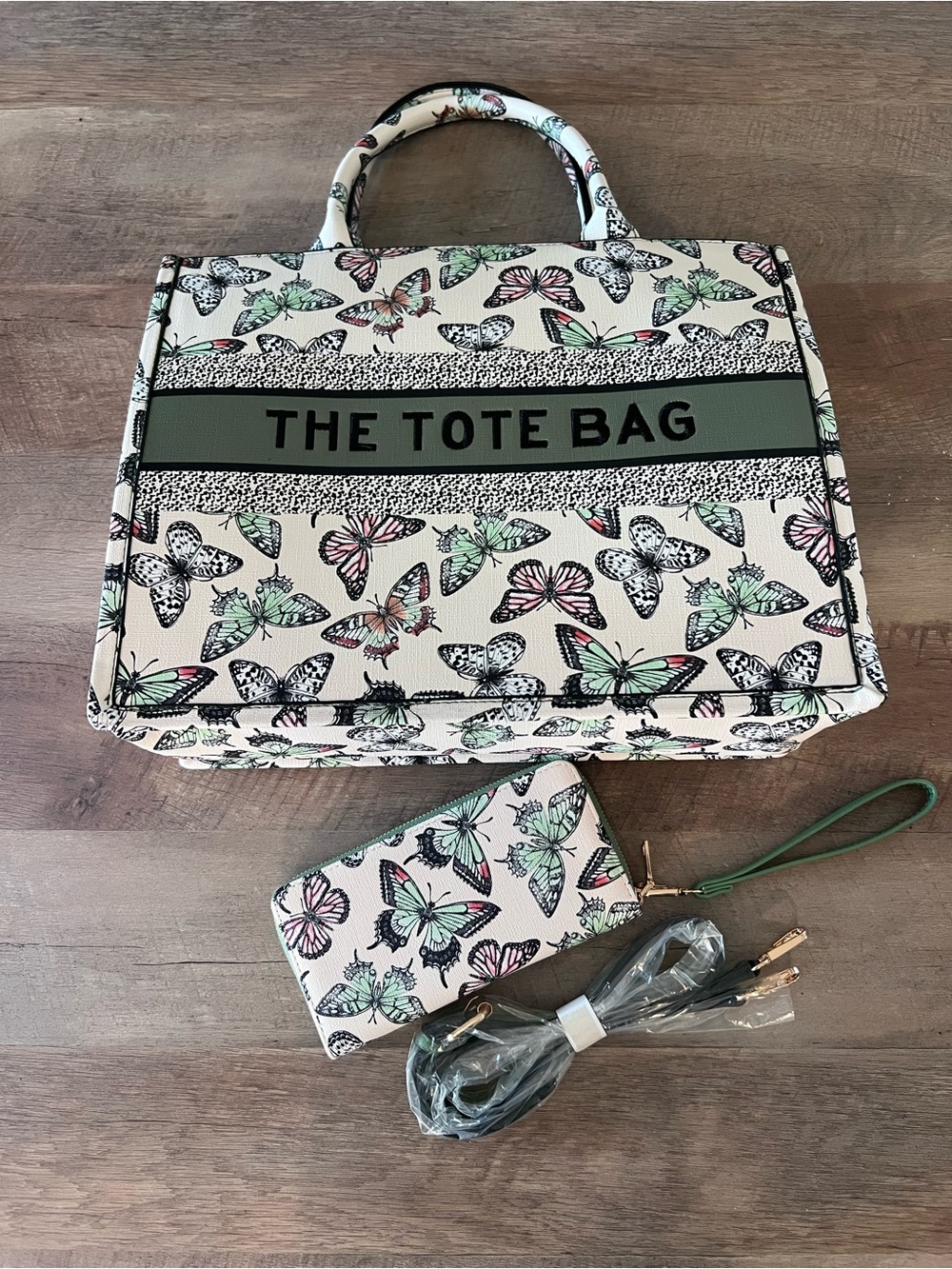 NWOT THE TOTE BAG with Wallet - Cream Butterfly Print Tote with Green Accents